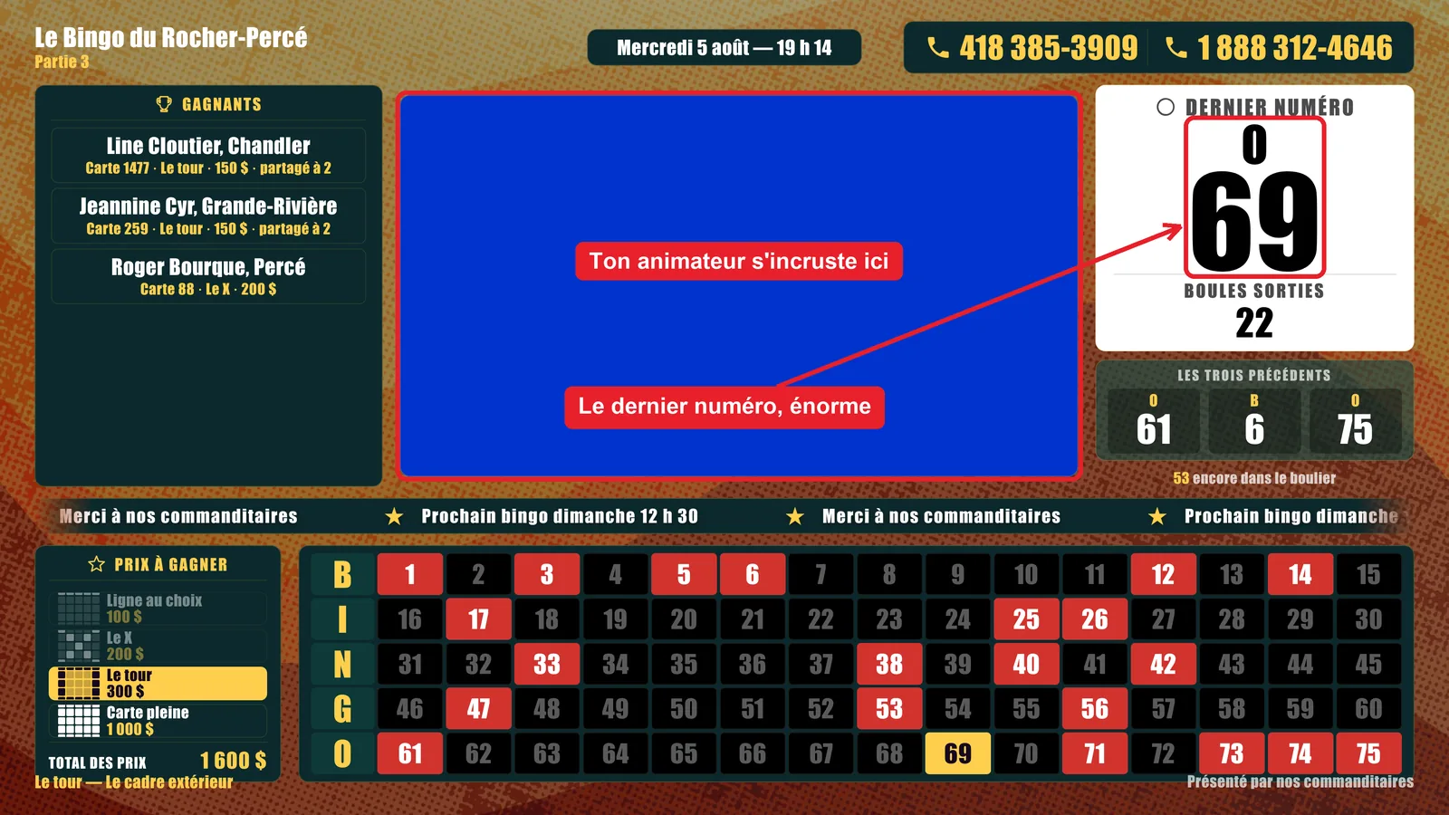 Bingo Studio, l'écran d'antenne : gagnants, prix à gagner, dernier numéro, trois précédents,
                    tableau de 1 à 75 et zone d'incrustation de l'animateur.
