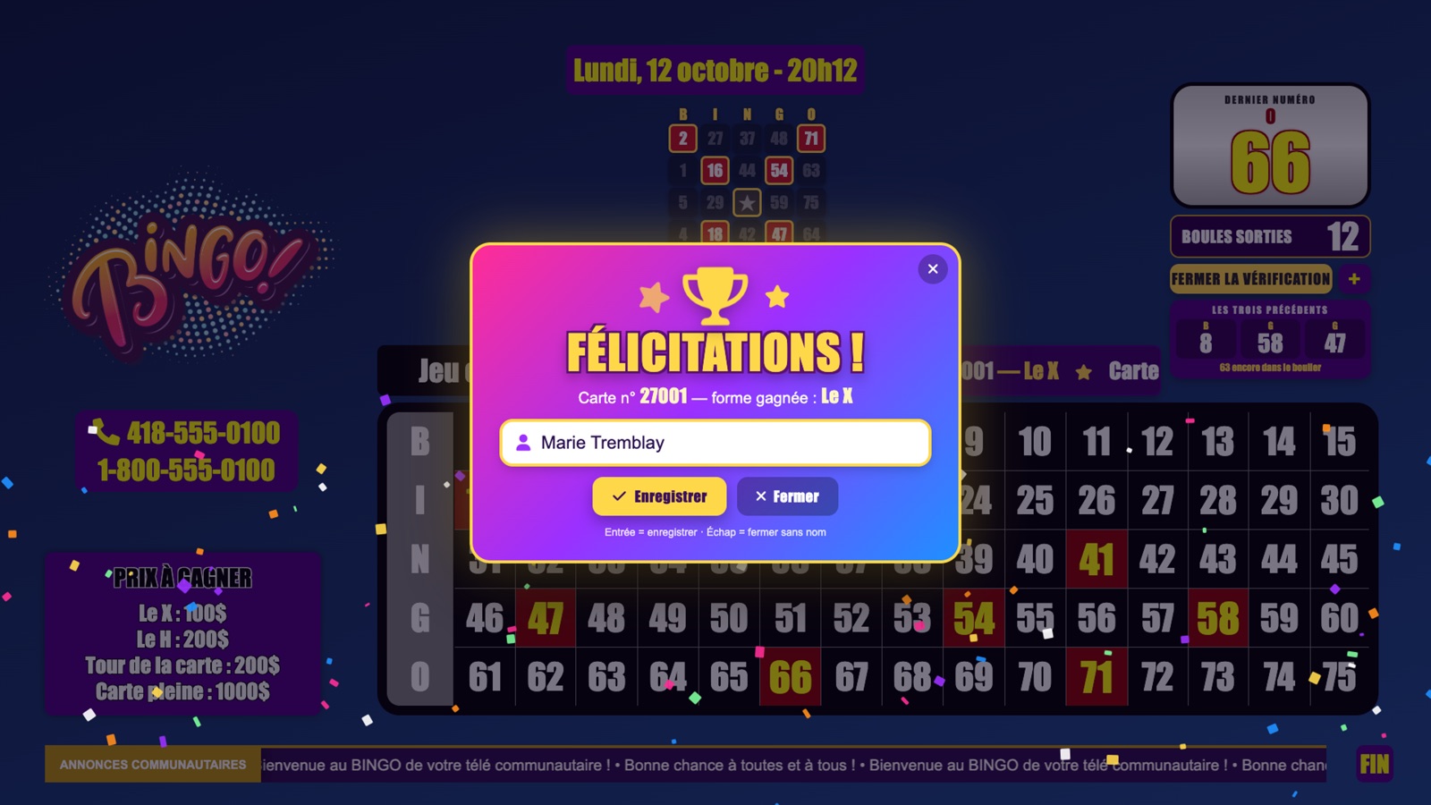 La fenêtre Félicitations : trophée, confettis, carte 27001, forme gagnée Le X,
                  champ Nom du gagnant, boutons Enregistrer et Fermer.