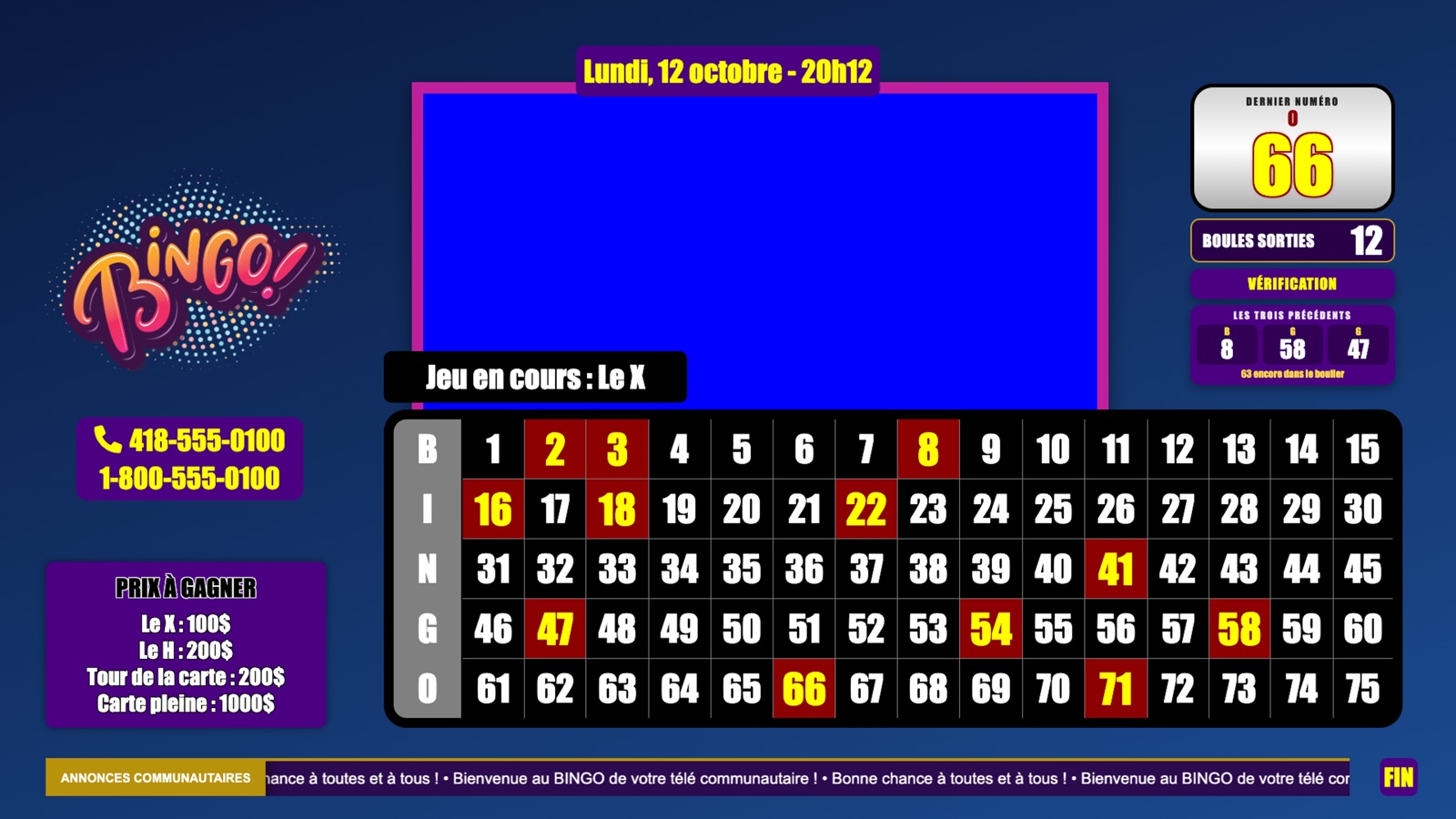 L'écran d'antenne : le tableau de 1 à 75 avec les numéros sortis en rouge, le dernier numéro en grand,
                  les trois précédents, la forme en cours, les prix à gagner, les numéros de téléphone,
                  le bandeau d'annonces et la zone bleue où s'incruste l'animateur.