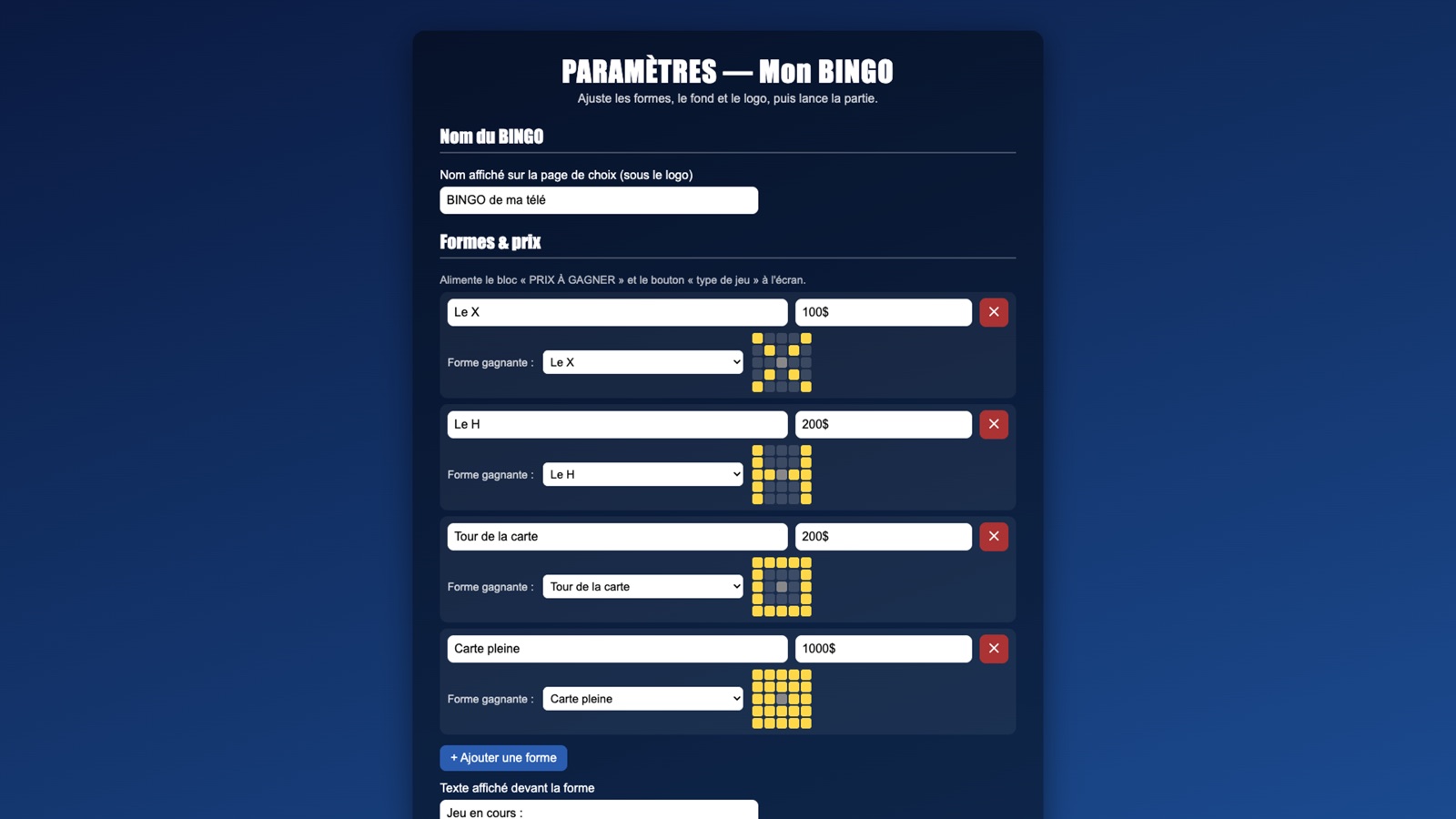 La page de paramètres : nom du BINGO, formes et prix avec leur dessin sur une carte 5 par 5.