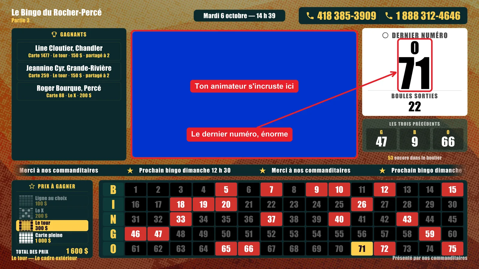 L'écran d'antenne : le tableau de 1 à 75 avec les numéros sortis en rouge,
                        la liste des gagnants, les prix à gagner, et la zone bleue où s'incruste l'animateur.