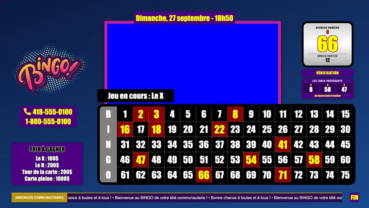 L'écran de BINGO Habillage TV : le logo, les téléphones, les prix à gagner, la zone bleue d'incrustation, le dernier numéro en grand avec les trois précédents, et le tableau de 1 à 75.