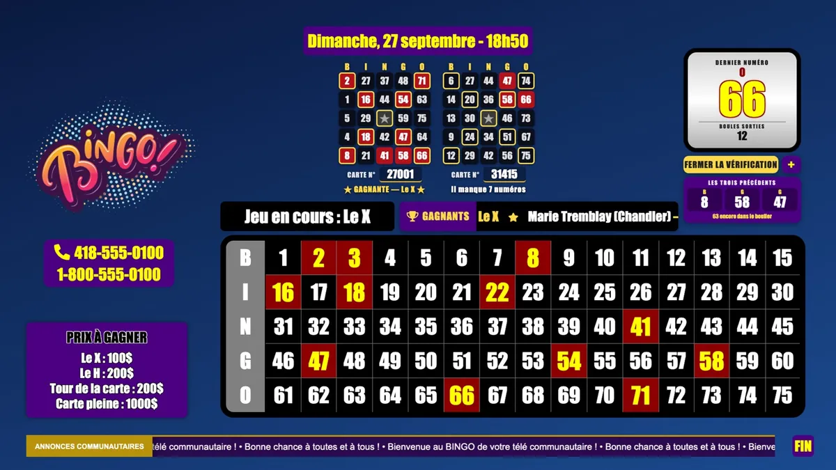 BINGO Habillage TV pendant une vérification : deux cartes affichées côte à côte au-dessus du tableau, l'une marquée gagnante pour le X, l'autre à qui il manque sept numéros.